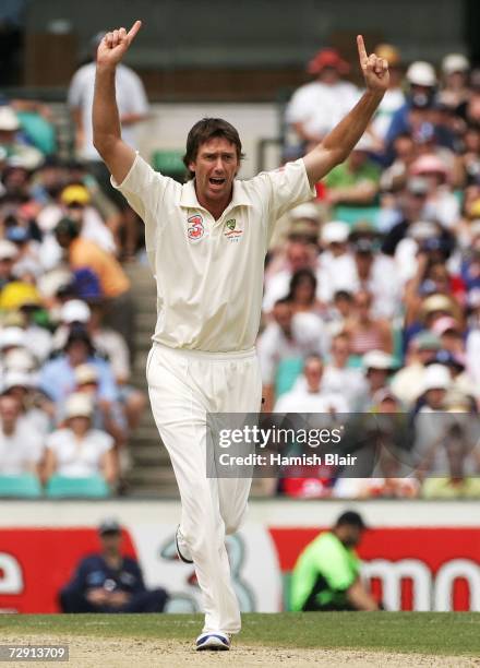 Glenn McGrath of Australia celebrates taking the wicket of Paul Collingwood of England during day two of the fifth Ashes Test Match between Australia...