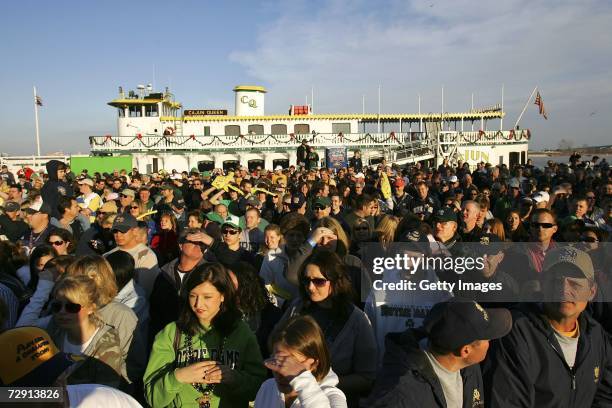 Fans attend a University of Notre Dame Pep Rally at the Allstate Sugar Bowl Fan Fest before the game against the Lousiana State University in the...