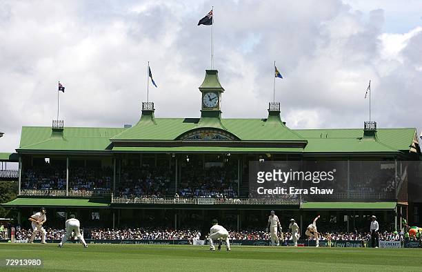 Brett Lee of Australia bowls in front of a backdrop of the members stand during day two of the fifth Ashes Test Match between Australia and England...
