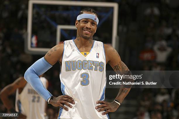 Allen Iverson of the Denver Nuggets smiles on the court against the Philadelphia 76ers at the Pepsi Center January 2, 2007 in Denver, Colorado. NOTE...