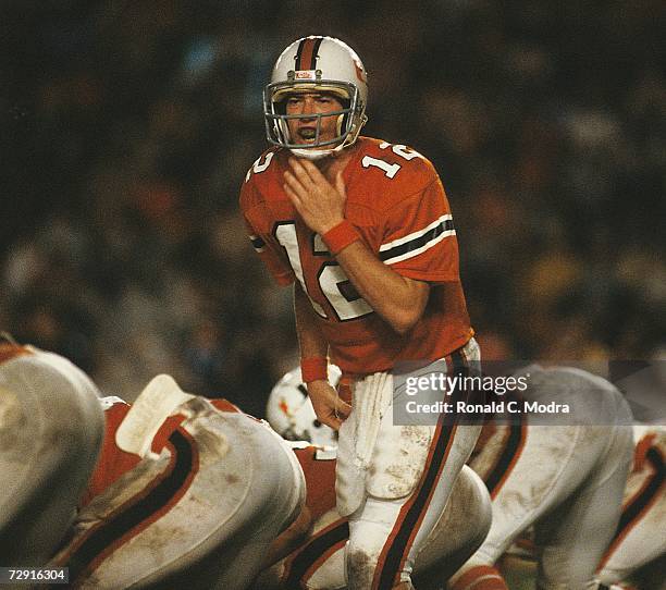Quarterback Jim Kelly of the University of Miami Hurricanes during a game against the Penn State Nittany Lions in November 1981 in Miami, Florida.