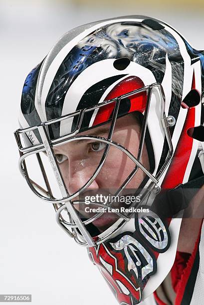 Cam Ward of the Carolina Hurricanes looks on against the Philadelphia Flyers at Wachovia Center on December 19, 2006 in Philadelphia, Pennsylvania....