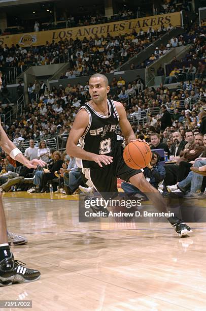 Tony Parker of the San Antonio Spurs drives toward from the parameter against the Los Angeles Lakers at Staples Center on December 10, 2006 in Los...