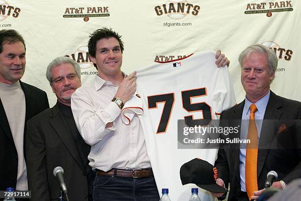 San Francisco Giants manager Bruce Bochy, Giants Vice President and General Manager Brian Sabean, New San Francisco Giants starting pitcher Barry...