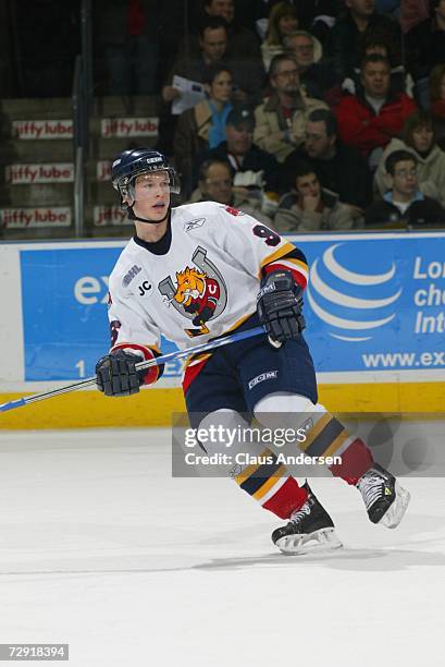 Blake Parlett of the Barrie Colts skates in game against the London Knights played at the John Labatt Centre on December 29, 2006 in London, Ontario,...