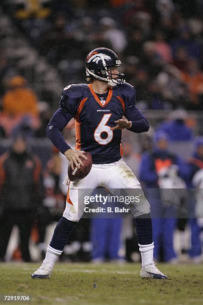 Quarterback Jay Cutler of the Denver Broncos looks to throw against the Cincinnati Bengals on December 24, 2006 at Invesco Field at Mile High in...