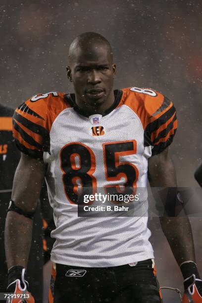 Wide receiver Chad Johnson of the Cincinnati Bengals takes a break during a timeout against the Denver Broncos on December 24, 2006 at Invesco Field...