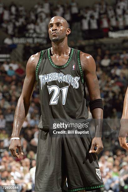 Kevin Garnett of the Minnesota Timberwolves stands on the court during the game against the San Antonio Spurs at the AT&T Center on December 13, 2006...