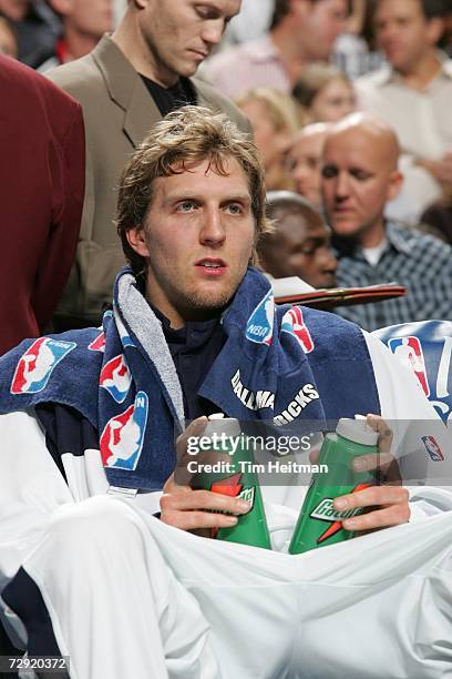 Dirk Nowitzki of the Dallas Mavericks sits on the bench during the NBA game against the Los Angeles Lakers on December 13, 2006 at the American...