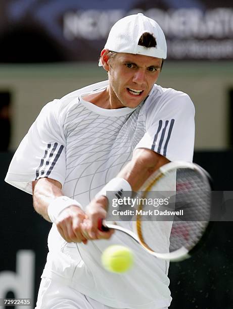 Paul-Henri Mathieu of France hits a backhand return to Juan Martin Del Potro of Argentina during day five of the 2007 Next Generation Adelaide...