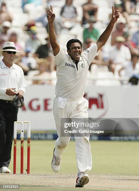 Anil Kumble of India celebrates the wicket of Ashwell Prince during Day Three of the Third test between South Africa and India at the Sahara Park...