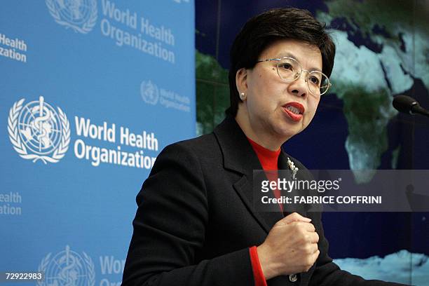 World Health Organisation director general Margaret Chan gestures 04 January 2007 during a press conference after she took up on today her position...
