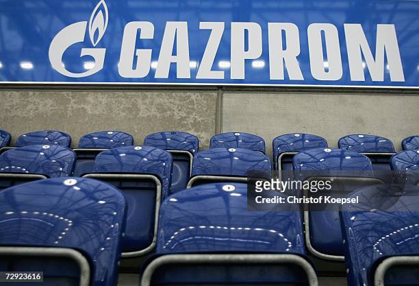 Boards of Russian Gas Supplier Gazprom of the new main sponsor of Schalke 04 are seen on the Gazprom tribune on January 4, 2007 in the Veltins Arena...