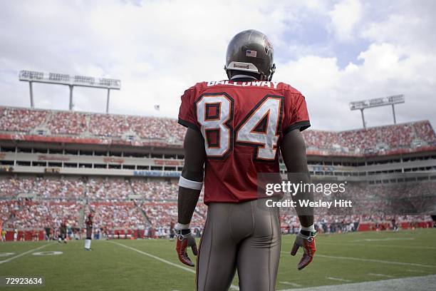 Joey Galloway of the Tampa Bay Buccaneers watches the game from the sidelines during a game against the Seattle Seahawks at Raymond James Stadium on...