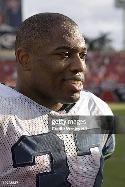 Shaun Alexander of the Seattle Seahawks is interviewed after a game against the Tampa Bay Buccaneers at Raymond James Stadium on December 31, 2006 in...