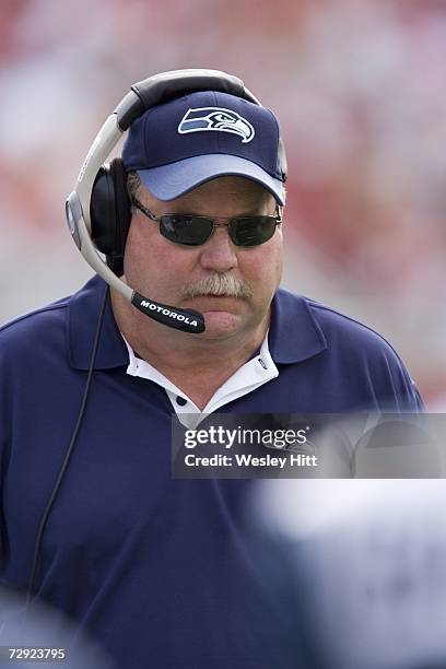 Head Coach Mike Holmgren of the Seattle Seahawks works the sidelines against the Tampa Bay Buccaneers at Raymond James Stadium on December 31, 2006...