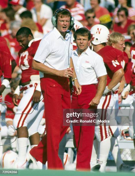 Coach Tom Osborne of the University of Nebraska Cornhuskers during a game against the Syracuse University Orangemen on October 1, l983 in Lincoln,...