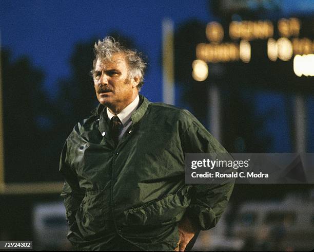 Coach Howard Schnellenberger of the University of Miami Hurricanes during a game against the Penn State Nittany Lions in November 1981 in Miami,...