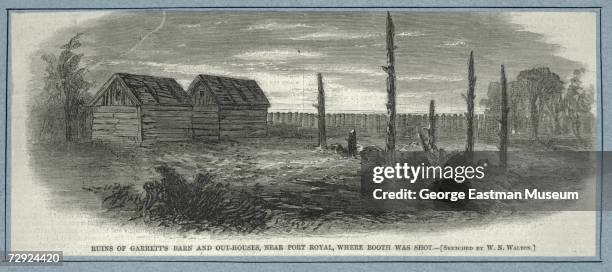Sketch by W.N. Walton shows other outbuildings on the farm of Richard Garrett as seen over the charred ruins of the tobacco barn in which John Wilkes...
