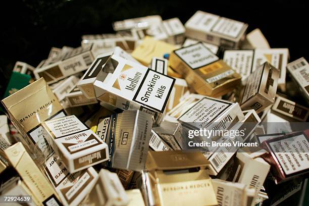 Detail view of a pile of smoking materials at a photocall to mark the launch of Alan Carr's "The easy way to stop smoking" DVD on January 4, 2007 in...