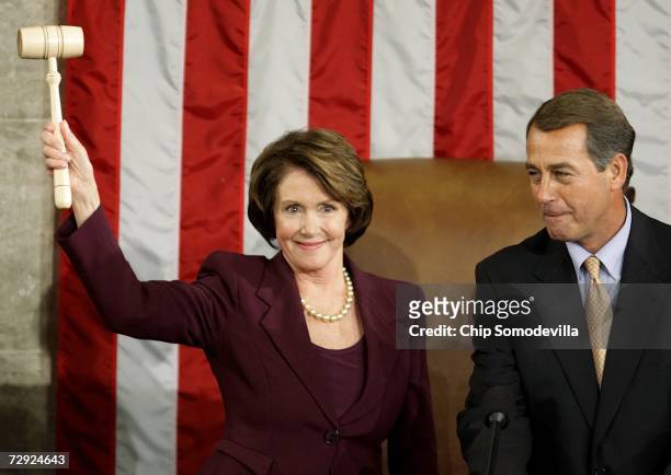Speaker of the House Nancy Pelosi wields the Speaker's gavel after being elected as the first woman Speaker during a swearing in ceremony for the...
