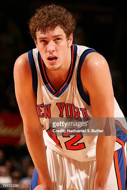 David Lee of the New York Knicks takes a break during the NBA game against the Utah Jazz on December 18, 2006 at Madison Square Garden in New York...