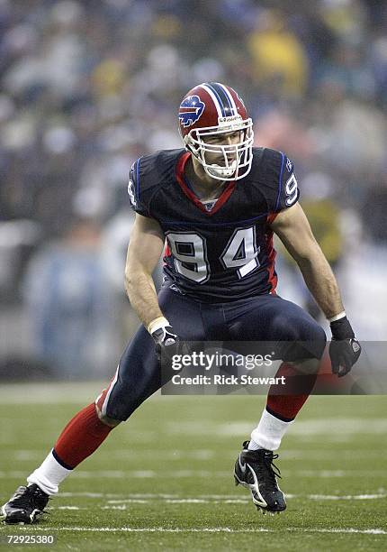 Aaron Schobel of the Buffalo Bills moves on the field during the game against the Miami Dolphins on December 17, 2006 at Ralph Wilson Stadium in...