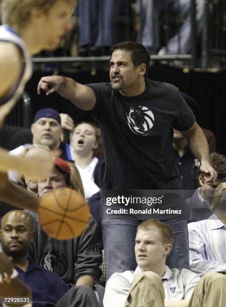 Owner Mark Cuban of the Dallas Mavericks reacts during play against the Indiana Pacers at the American Airlines Center on January 4, 2007 in Dallas,...