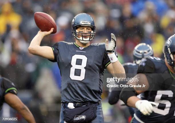 Matt Hasselbeck of the Seattle Seahawks passes the ball during the game against the San Diego Chargers on December 24, 2006 at Qwest Field in...