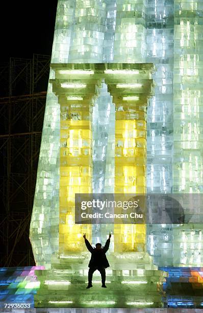Tourist poses in front of ice buildings and sculptures displayed in the Grand Ice and Snow World at the 23rd Harbin International Ice and Snow...
