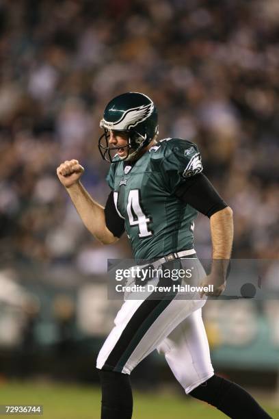 Quarterback A.J. Feeley of the Philadelphia Eagles celebrates a touchdown during the game against the Atlanta Falcons on December 31, 2006 at Lincoln...