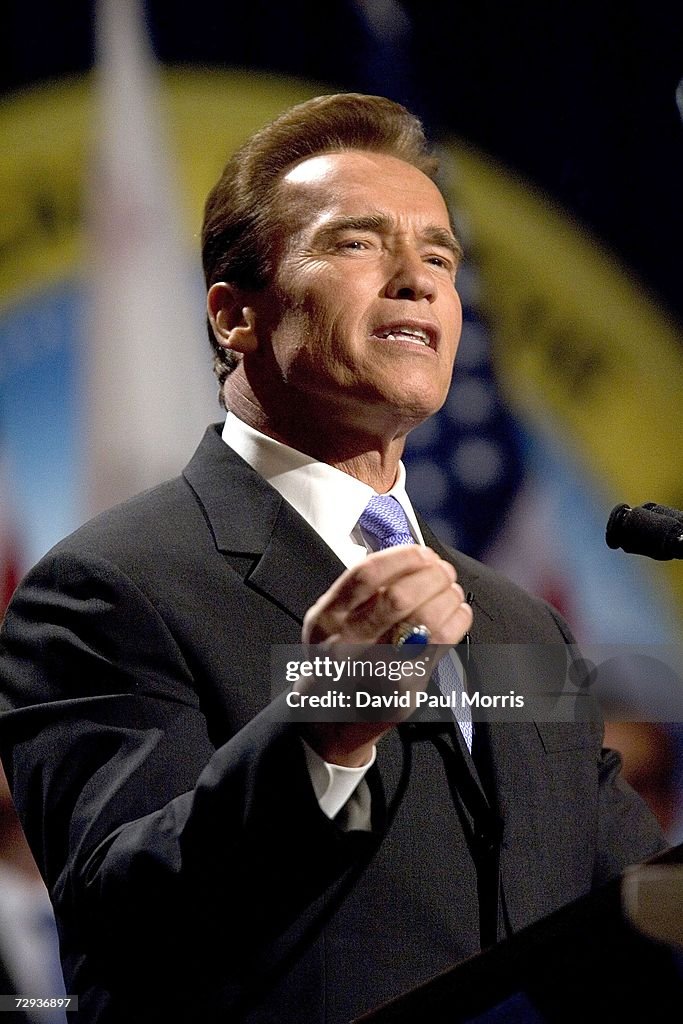 California Governor Arnold Schwarzenegger speaks to the crowd after