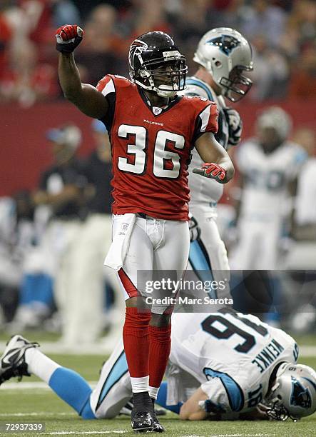 Lawyer Milloy of the Atlanta Falcons celebrates the sack of Chris Wenke of the Carolina Panthers on December 24, 2006 at The Georgia Dome in Atlanta,...