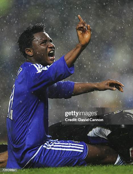 Jon Obi Mikel of Chelsea gestures during the FA Cup sponsored by E.ON 3rd Round match between Chelsea and Macclesfield Town at Stamford Bridge on...