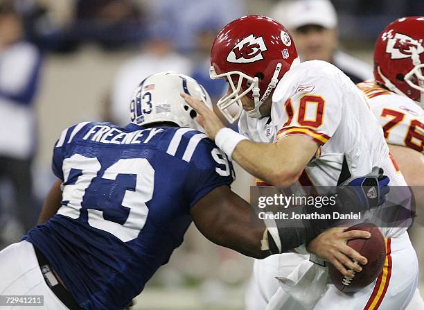 Trent Green of the Kansas City Chiefs is sacked by Dwight Freeney of the Indianapolis Colts during their AFC Wild Card Playoff Game January 6, 2007...