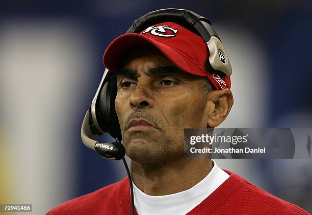 Head coach Herm Edwards of the Kansas City Chiefs looks on against the Indianapolis Colts during their AFC Wild Card Playoff Game January 6, 2007 at...