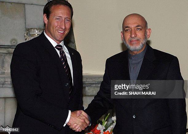 Afghan President Hamid Karzai shakes hands with Canadian Foreign Affairs Minister Peter MacKay during a meeting at The Presidential Palace in Kabul,...