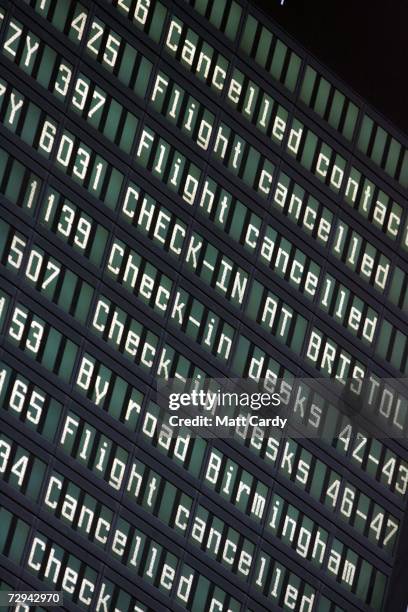The departure board is seen in the departures hall after numerous airlines refused to land or take off after safety fears at Bristol International...