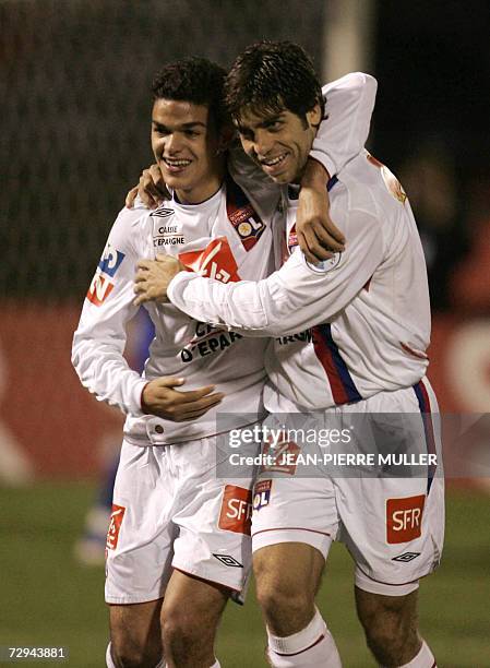 Lyon's Brazilian midfielder Pernambucano Juninho jubilates after a goal that qualified the French club during the French Cup football match Bayonne...