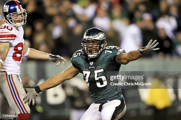 Juqua Thomas of the Philadelphia Eagles celebrates sacking Eli Manning of the New York Giants during their NFC Wildcard Playoff game on January 7,...