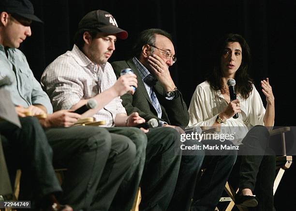 Writer Aline Brosh McKenna speaks while writers Michael Arndt, Jason Reitman, and James L. Brooks look on during a panel discussion on The Serious...