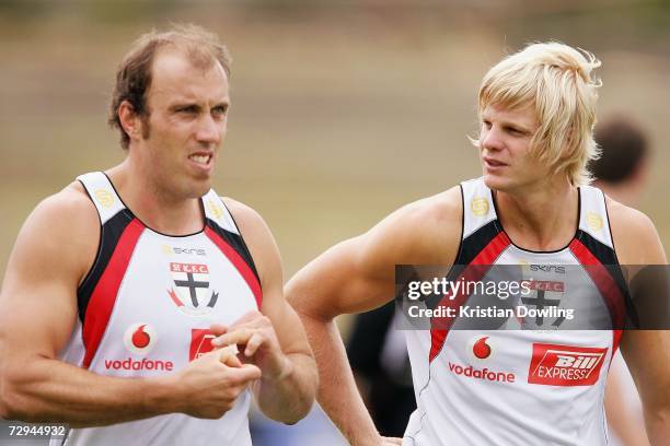 Nick Riewoldt and Fraser Gehrig of the Saints talk during a St Kilda Saints AFL training session at Moorabbin Oval January 8, 2007 in Melbourne,...