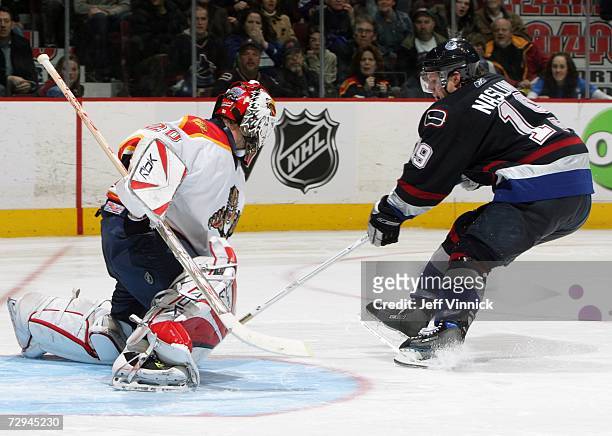 Markus Naslund of the Vancouver Canucks is stopped by Ed Belfour of the Florida Panther in the shootout during their NHL game at General Motors Place...