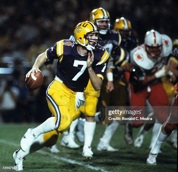 Quarterback Alan Risher of the Louisiana State University Tigers runs the ball during the Orange Bowl game against the University of Nebraska...