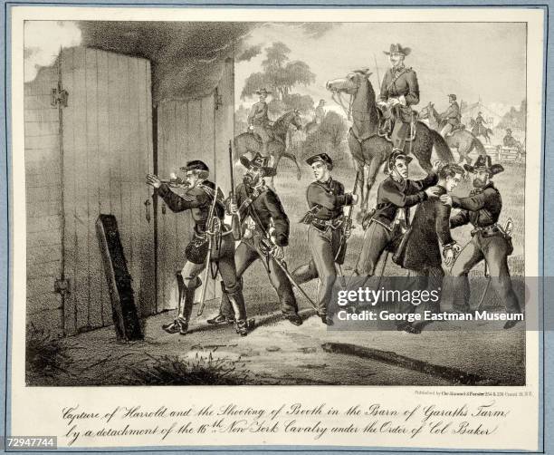 Illustration shows New York cavalrymen as they surround the burning barn in which the assassin of president Abraham Lincoln, John Wilkes Booth, is...