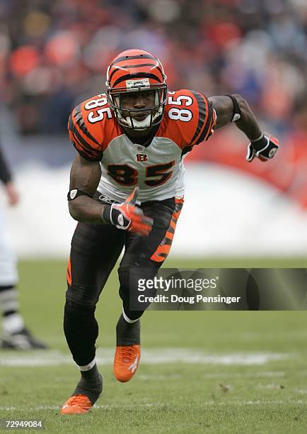 Chad Johnson of the Cincinnati Bengals runs during the game against Denver Broncos, the Broncos defeated the Bengals 24-23 on December 24, 2006 at...