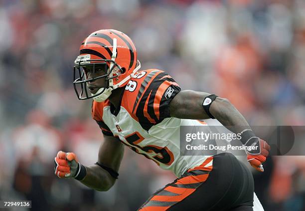Chad Johnson of the Cincinnati Bengals runs up the field during the game against the Denver Broncos, the Broncos defeated the Bengals 24-23 on...