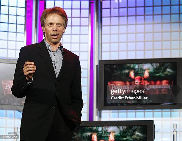 Movie producer Jerry Bruckheimer speaks during a keynote address by The Walt Disney Co. President and CEO Robert Iger at The Venetian during the 2007...