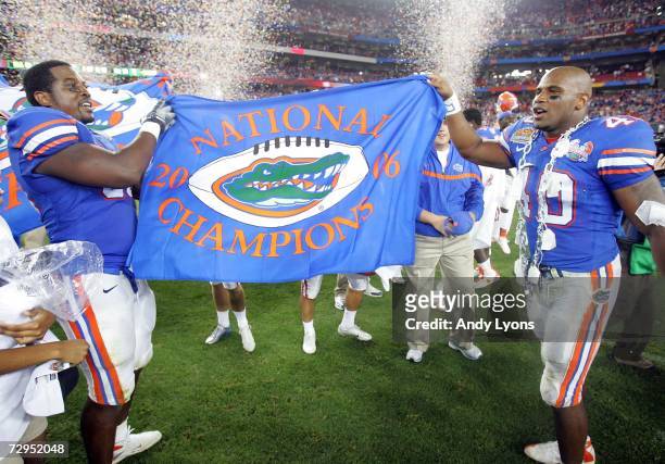 Linebacker Brandon Siler of the Florida Gators and Steven Harris celebrate after defeating the Ohio State Buckeyes after the 2007 Tostitos BCS...