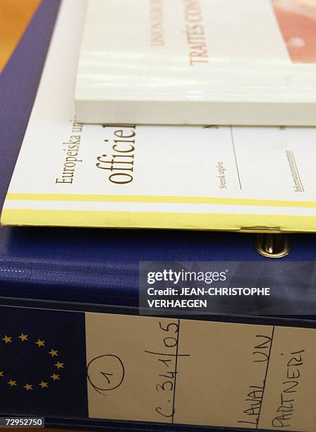 Luxembourg, LUXEMBOURG: Lawyer's folders are on display during the case of Latvian firm Laval Un Partneri against the Swedish construction workers'...